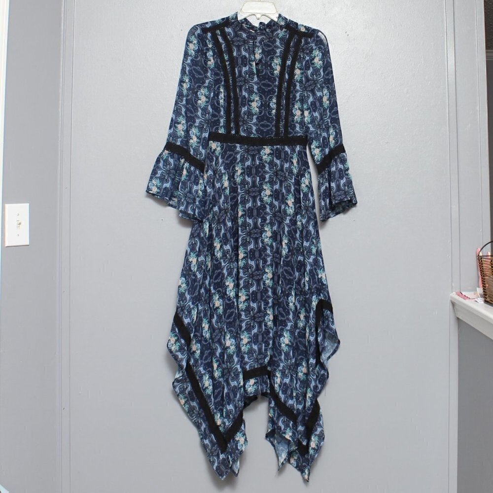 ModCloth Handkerchief hem blue floral flare sleeve midi dress